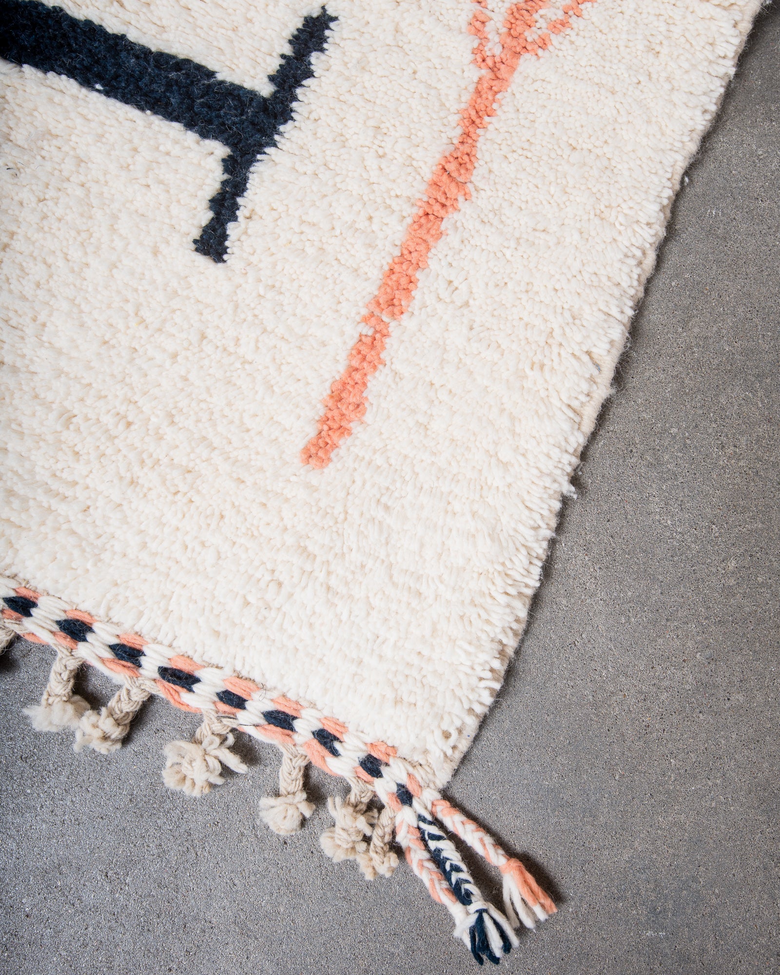 Modern, designer, handcrafted Berber rug from Morocco. Beniourain carpet with beautiful colours and patterns and fluffy wool texture.